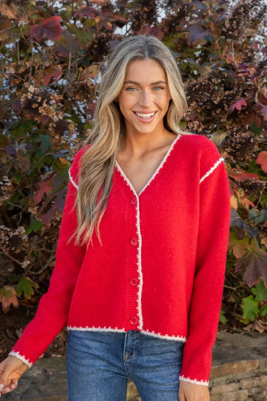 Aeryn Contrast Stitch Edges Cardigan, Red