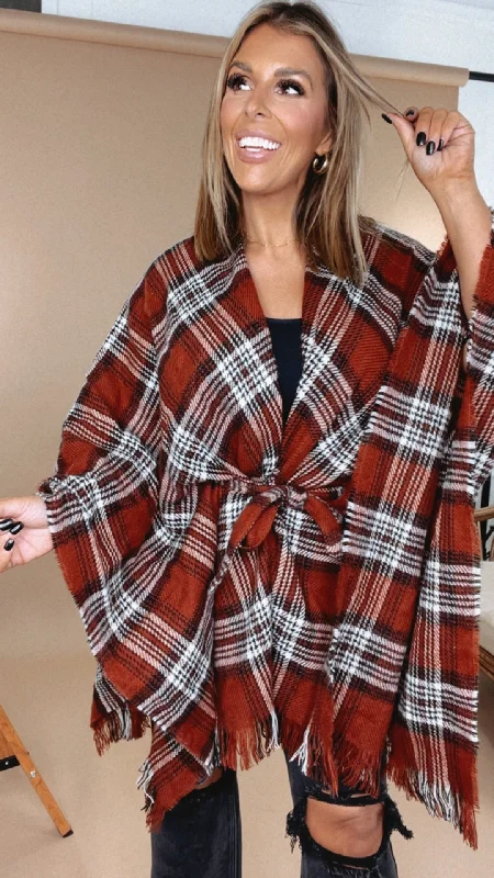 Perfect Plaid Wrap Poncho, Rust