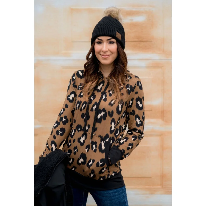 Solid Trim Leopard Print Hoodie