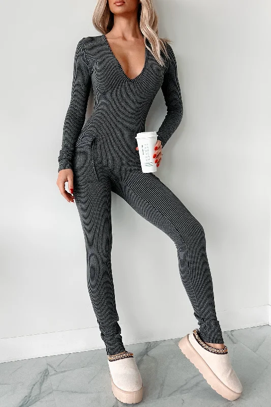 Beautiful Curves Ribbed Cut-Out Back Jumpsuit (Black)