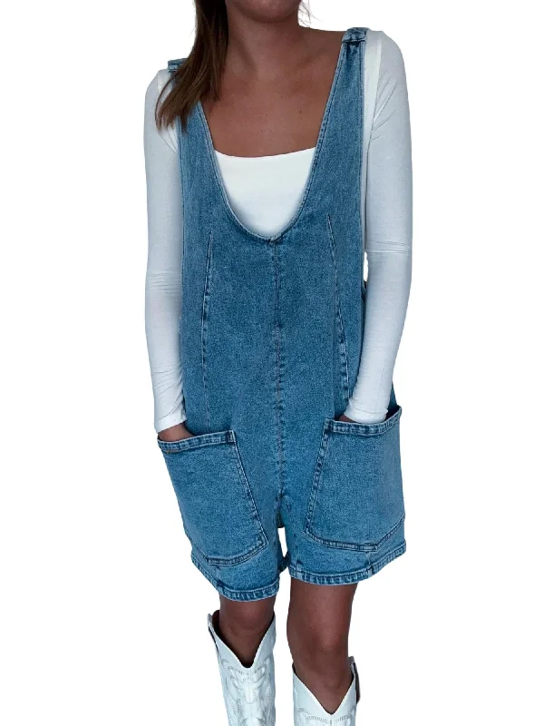 Denim Deep Pocket Romper In Light Wash