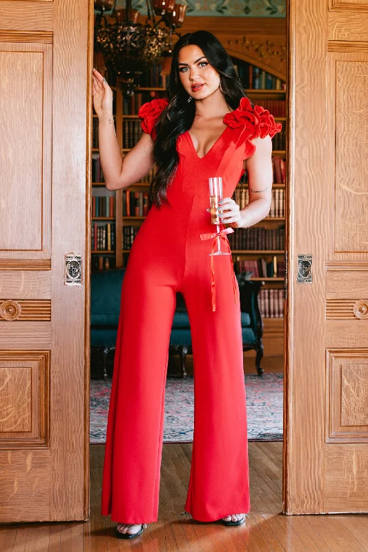 Forgetting My Troubles Ruffle Sleeve Jumpsuit (Red)