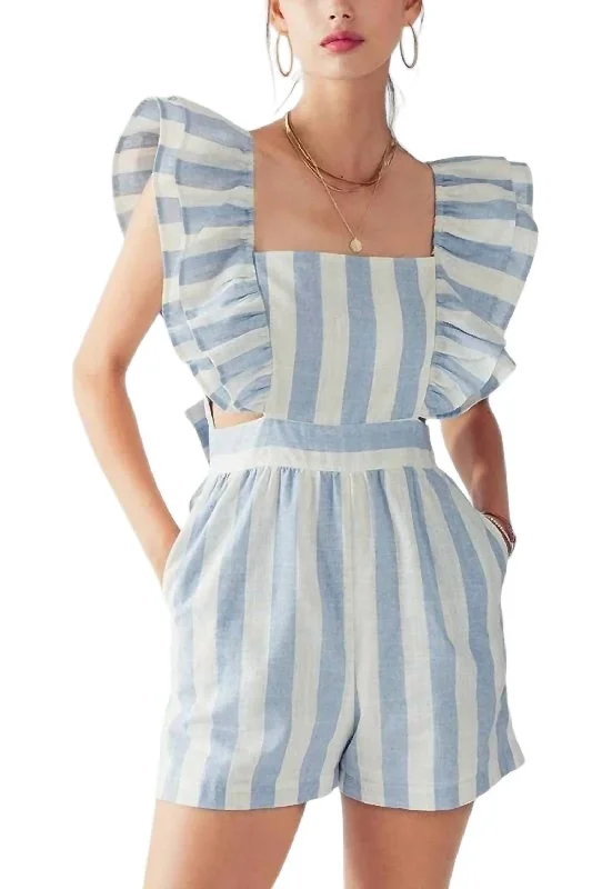 Hailee Ruffle Striped Romper In Blue