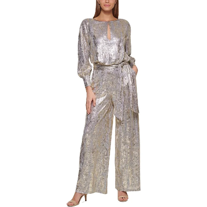 Petites Womens Metallic Wide Leg Jumpsuit