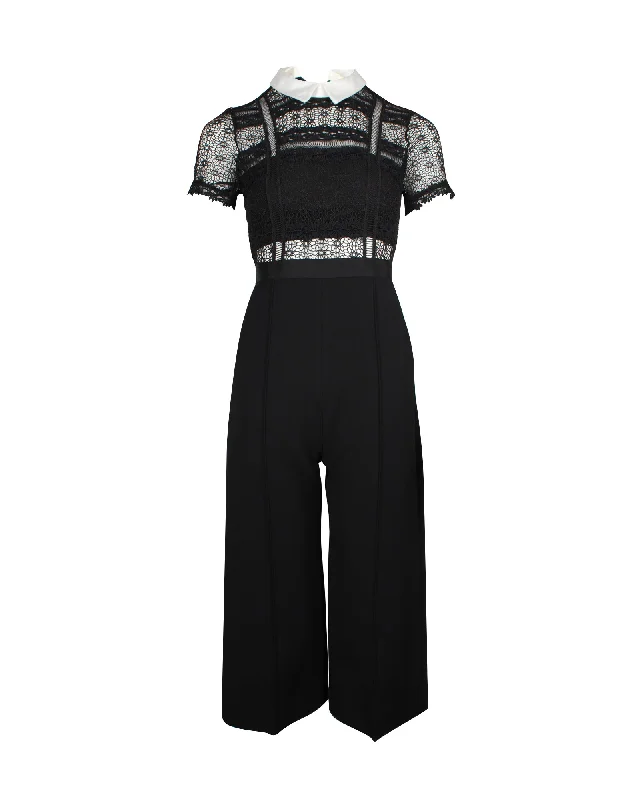 Self Portrait Fleur Lace-Panelled Wide-Leg Jumpsuit in Black Polyester