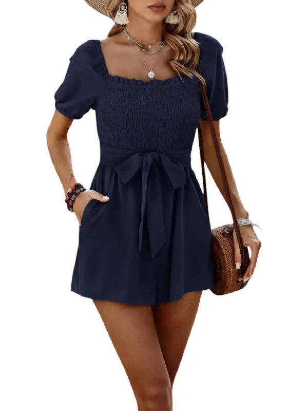 Square Neck Smocked Romper In Navy