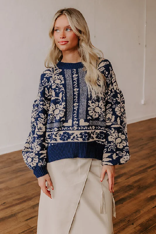 Chic Statement Floral Knit Sweater in Navy