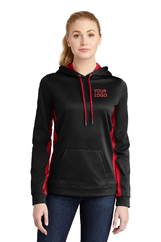 Sport-Tek Ladies Sport-Wick Fleece Colorblock Customized Hooded Pullovers, Black/ Deep Red