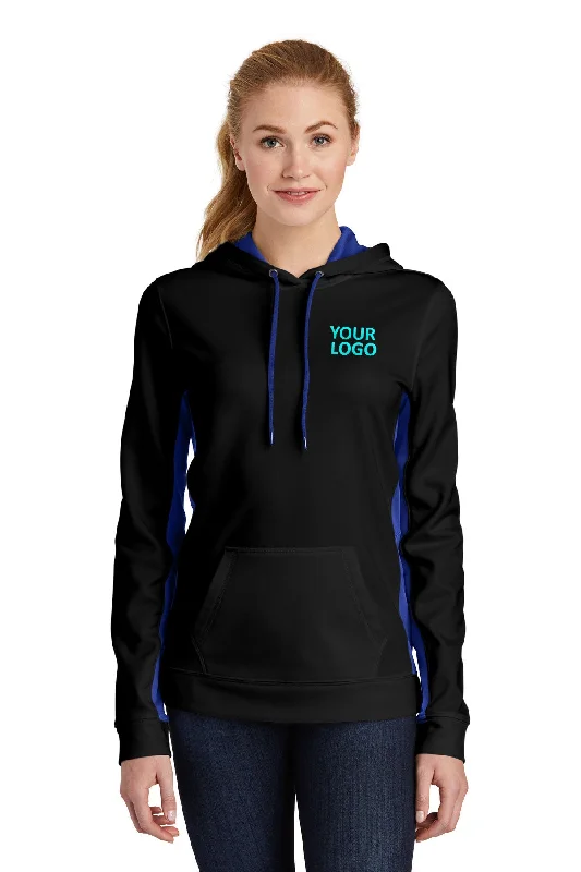 Sport-Tek Ladies Sport-Wick Fleece Colorblock Customized Hooded Pullovers, Black/ True Royal