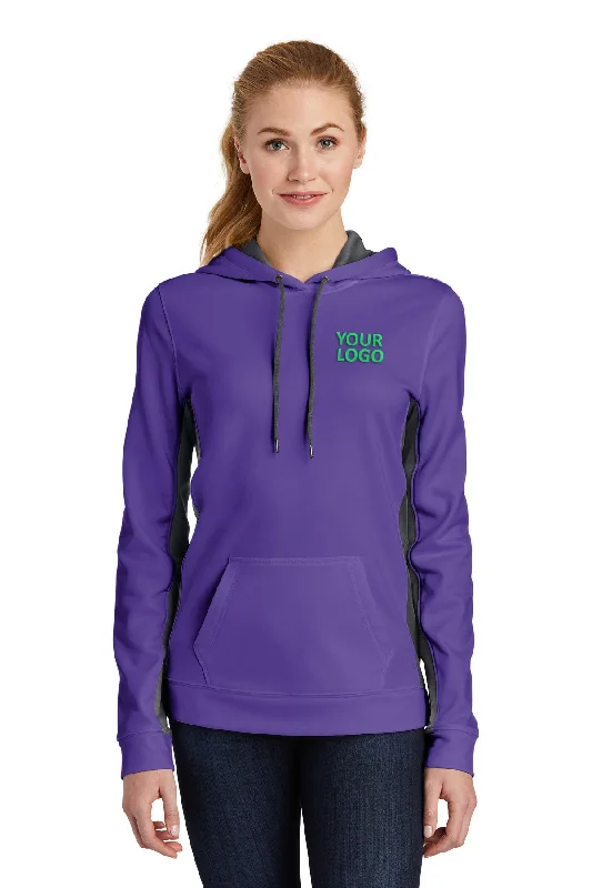 Sport-Tek Ladies Sport-Wick Fleece Colorblock Custom Hooded Pullovers, Purple/ Dark Smoke Grey