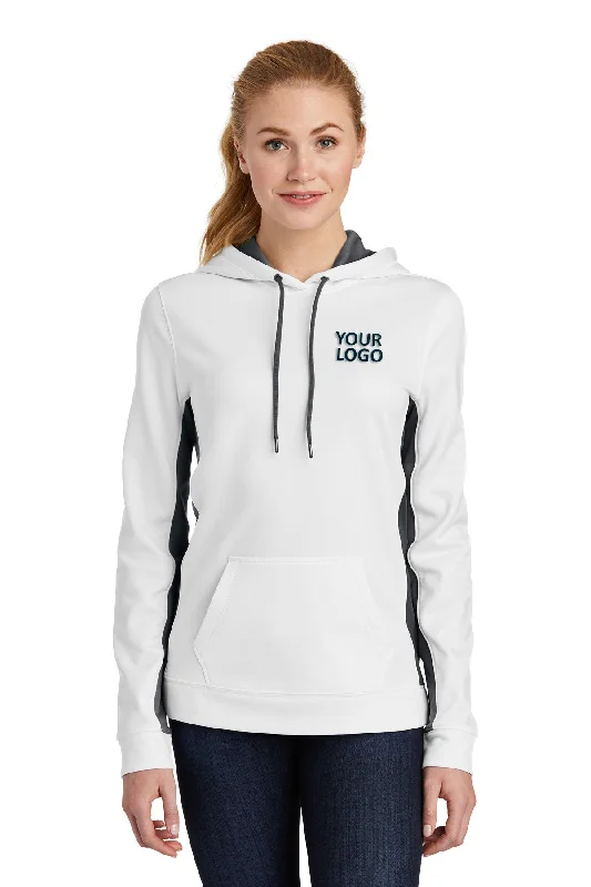 Sport-Tek Ladies Sport-Wick Fleece Colorblock Custom Hooded Pullovers, White/ Dark Smoke Grey