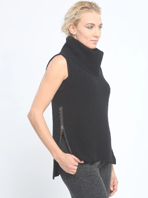 Leather Trimmed Zipper Detailed Sleeveless Turtleneck Pullover